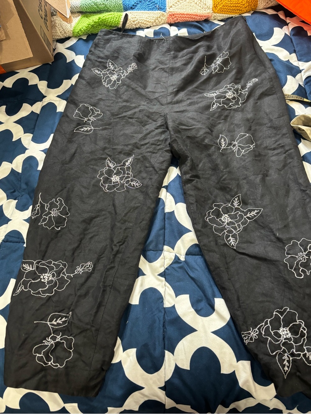 Paraphrase Black Wide-Leg Pants with White Floral Embroidery